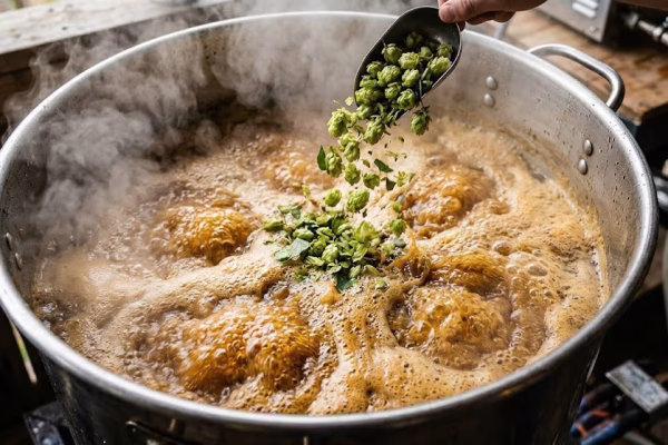 A vigorous rolling boil inside a large stainless steel homebrew kettle with dried hops being added during a 60-minute home brewing boil