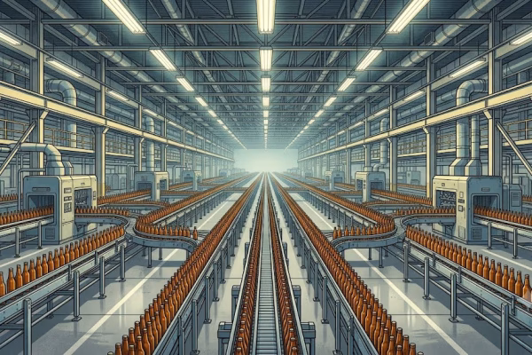 Rows of identical industrial beer bottles on a vast assembly line illustrating post-prohibition macro beer dominance