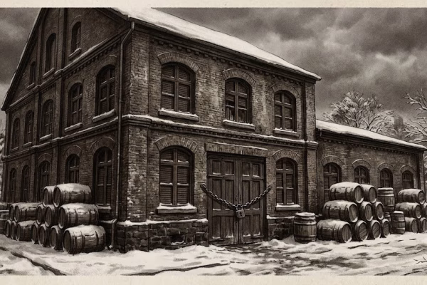 Padlocked brewery doors and stacked empty beer barrels representing how Prohibition affected the beer industry in the Midwest