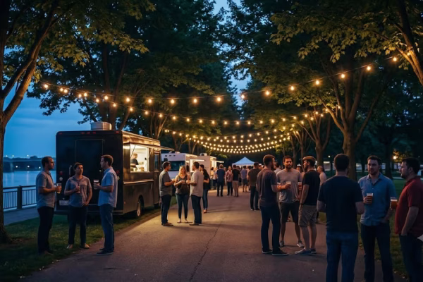 Evening riverfront beer festival crowd under string lights in Chicago