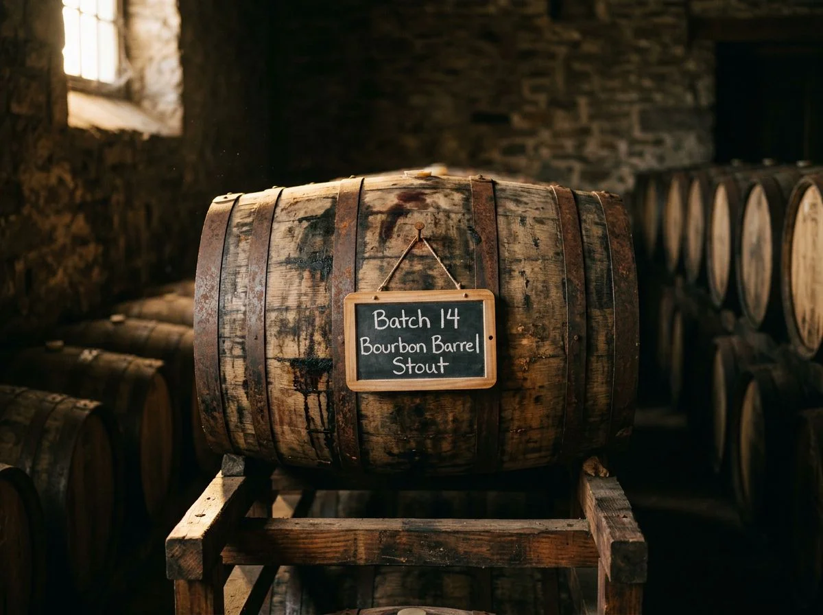 A single weathered oak barrel with a chalk label in a dim, warm-lit barrel room