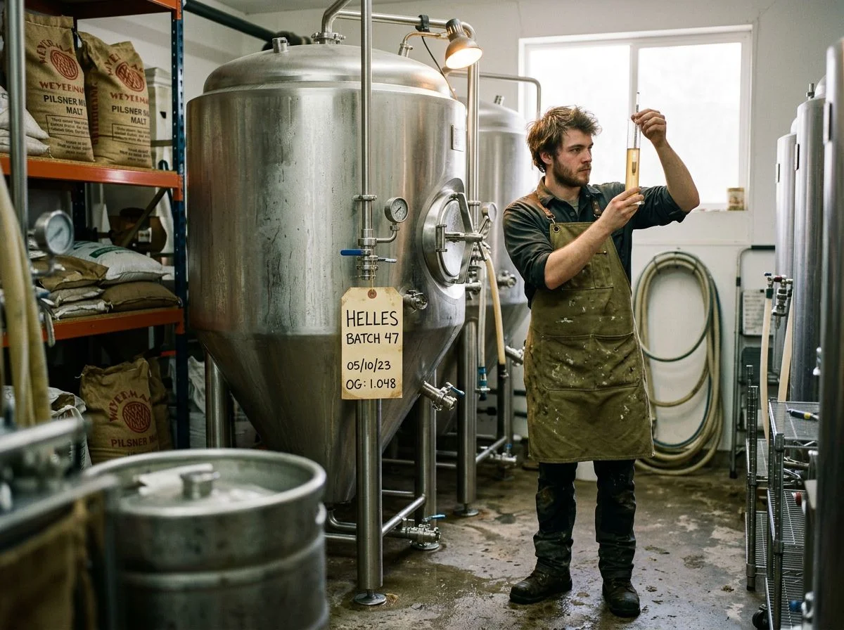 A brewer in an apron holds a hydrometer up to the light beside a stainless steel fermenter labeled 'Helles Batch 47' in a small brewery production room.