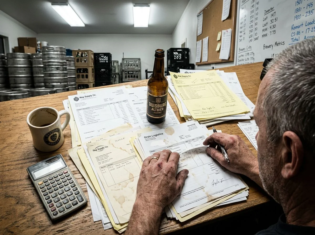 A brewery owner's hands sorting through invoices on a cluttered desk, with a bottle of altbier as a paperweight.