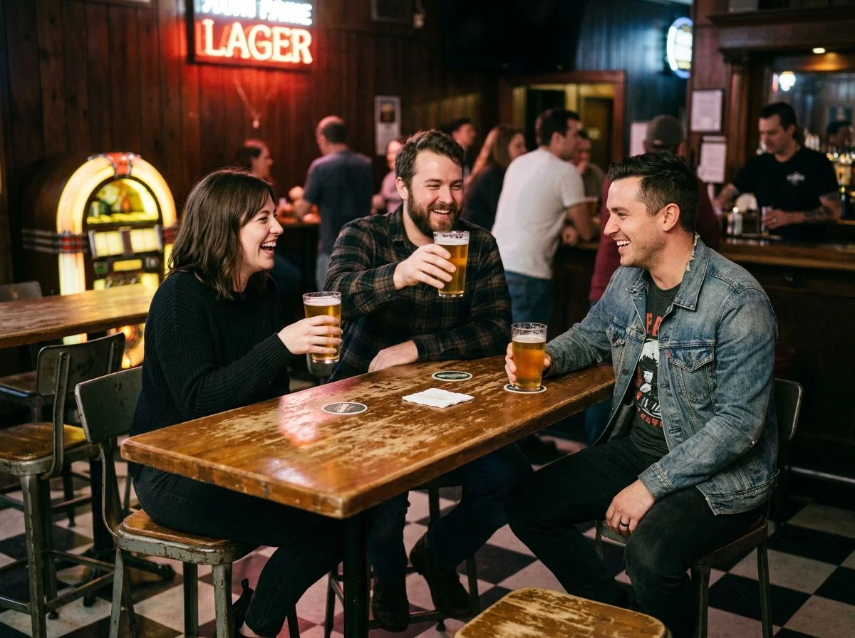 Three friends laugh and toast with pints of pale lager at a wooden table in a dive bar with a neon 'LAGER' sign glowing in the background.