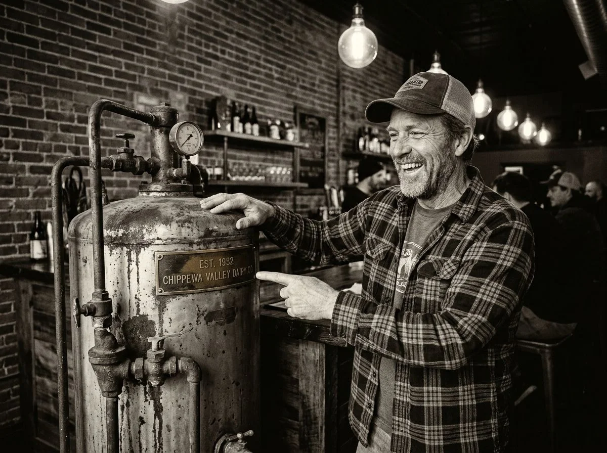 A brewery founder leans against a rusted dairy pasteurizer repurposed as a fermentation tank, laughing, in a dimly lit taproom with exposed brick.