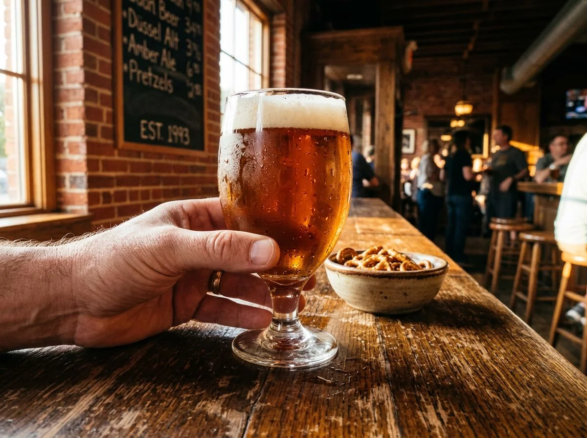 A hand holding a pint of amber altbier on a wooden bar top, with pretzels and a blurred taproom background.