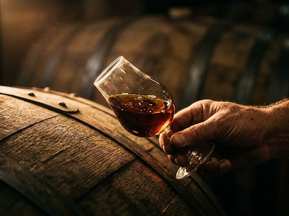 A hand holding a glass thief with amber beer sample against a wooden barrel stave