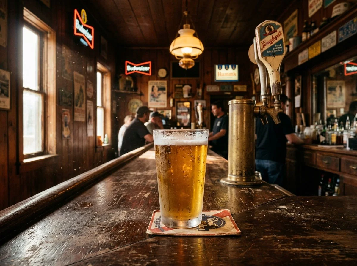 A frosted pint glass of golden lager on a worn wooden bar counter in a dimly lit Midwest tavern, with a vintage tap handle in the background.