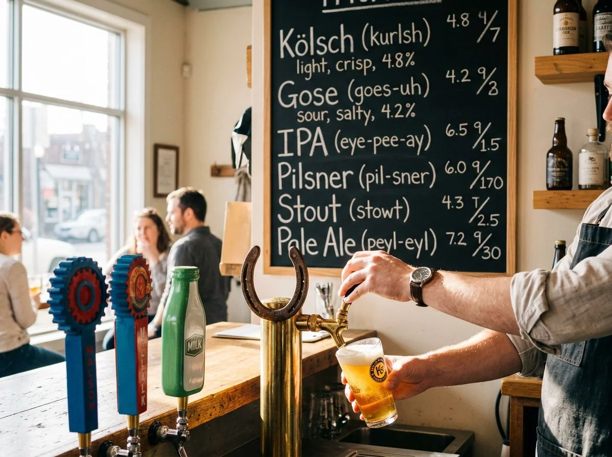 A chalkboard menu with phonetic beer spellings sits above a bar where a bartender pours a pint, with custom tap handles in the foreground.