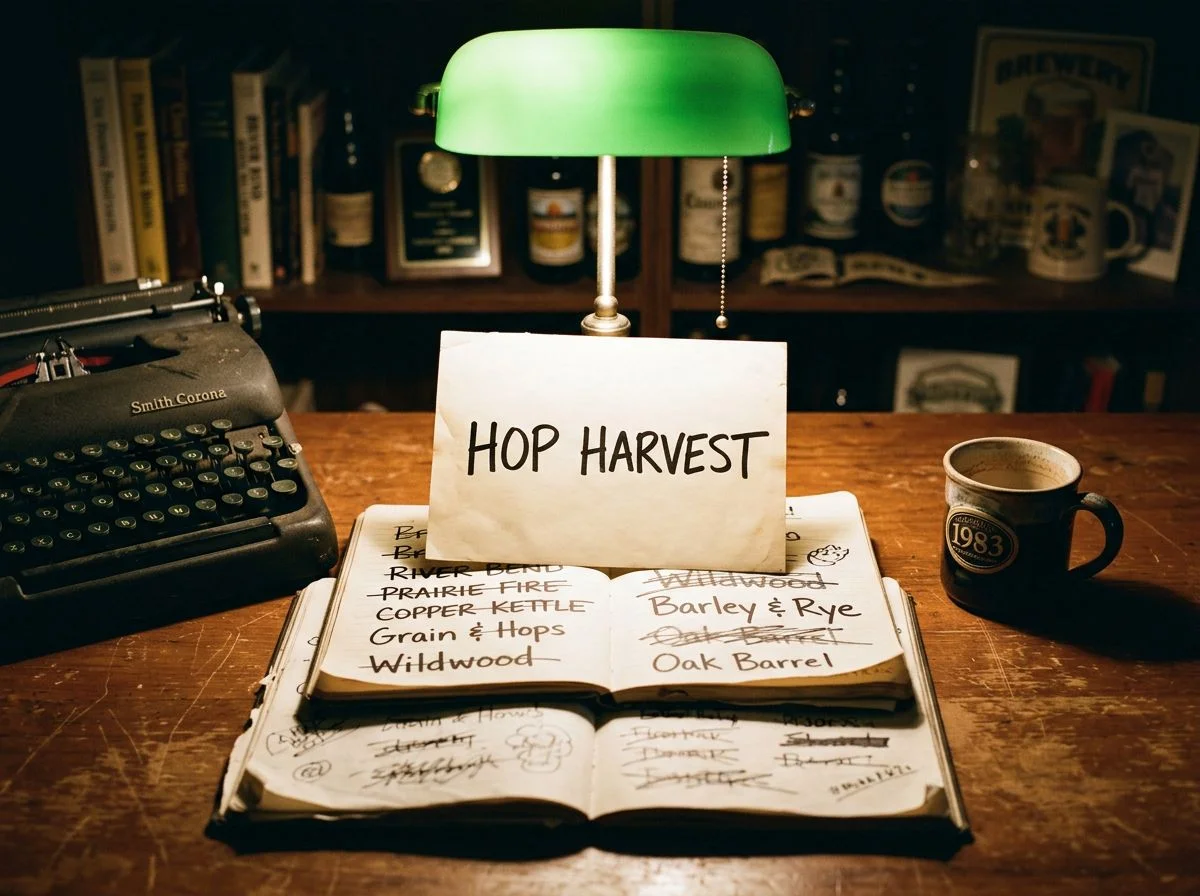 A desk with a notebook full of crossed-out brewery name ideas, and a clean final name on a separate sheet, lit by a green banker's lamp.