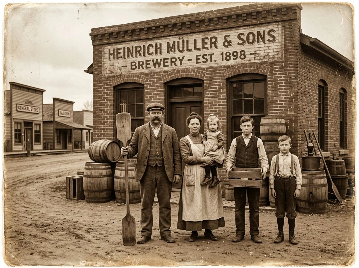 A sepia photograph of a German immigrant family outside a small brick brewery in the early 1900s.