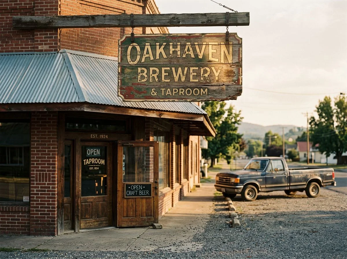 A weathered wooden sign with a brewery name hangs above the entrance of a converted hardware store in a small town, bathed in golden afternoon light.