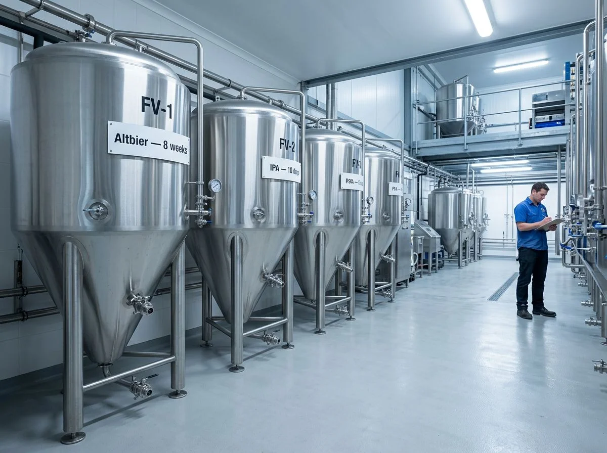 A row of stainless steel fermenters in a brewery, with one labeled 'Altbier' and another 'IPA'.