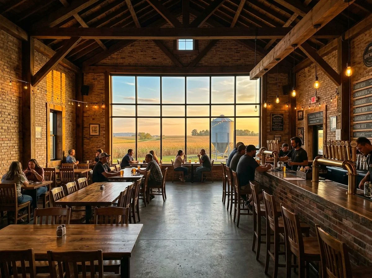 A wide view of a rustic Midwest brewery taproom at golden hour, with warm light streaming through a window overlooking a cornfield and silo.