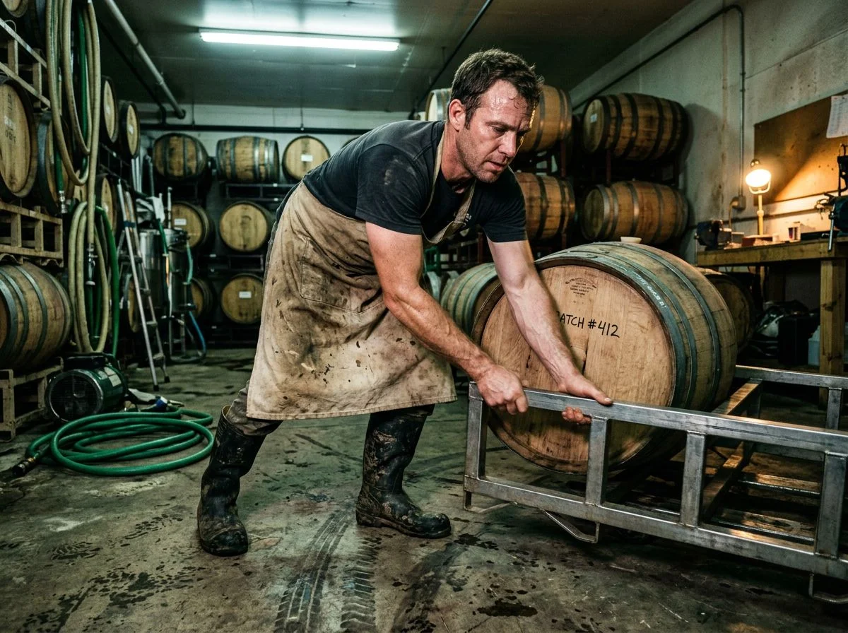A brewer straining to roll a heavy barrel into place in a bright, industrial barrel room