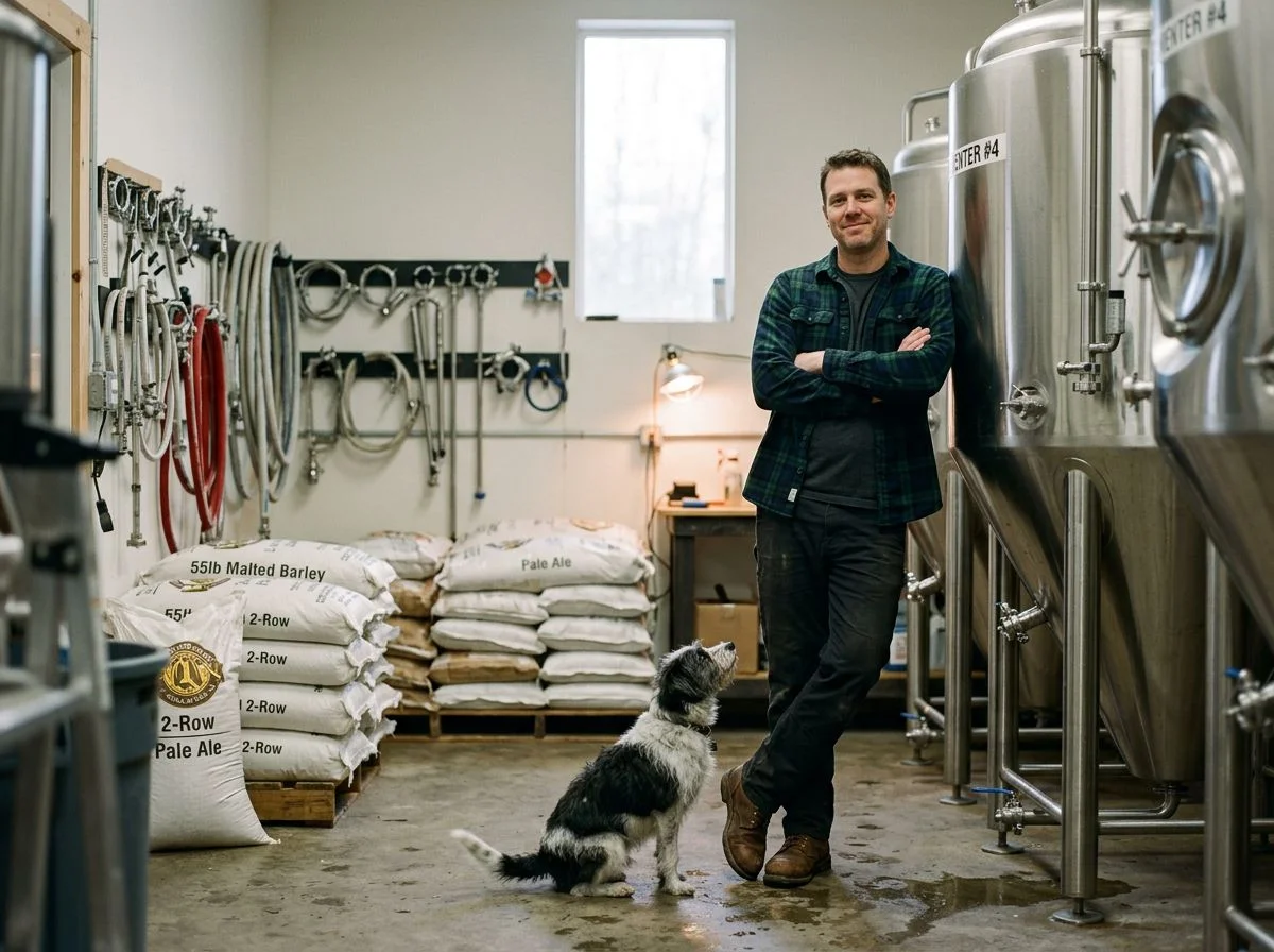 A brewery founder in a flannel shirt stands by a stainless fermenter with a small dog at his feet.
