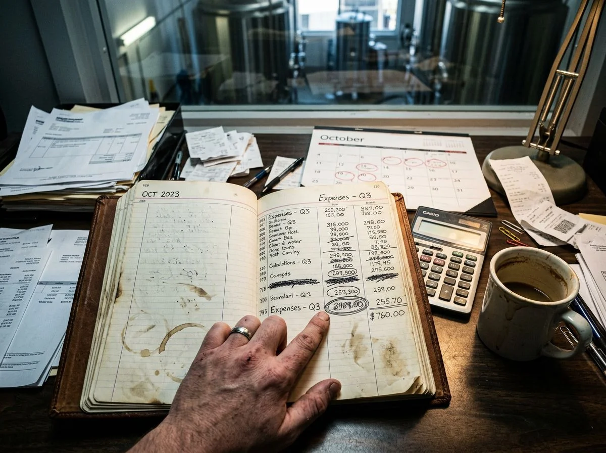 A hand holding a coffee-stained ledger with crossed-out numbers, a calculator and mug nearby on a cluttered desk.