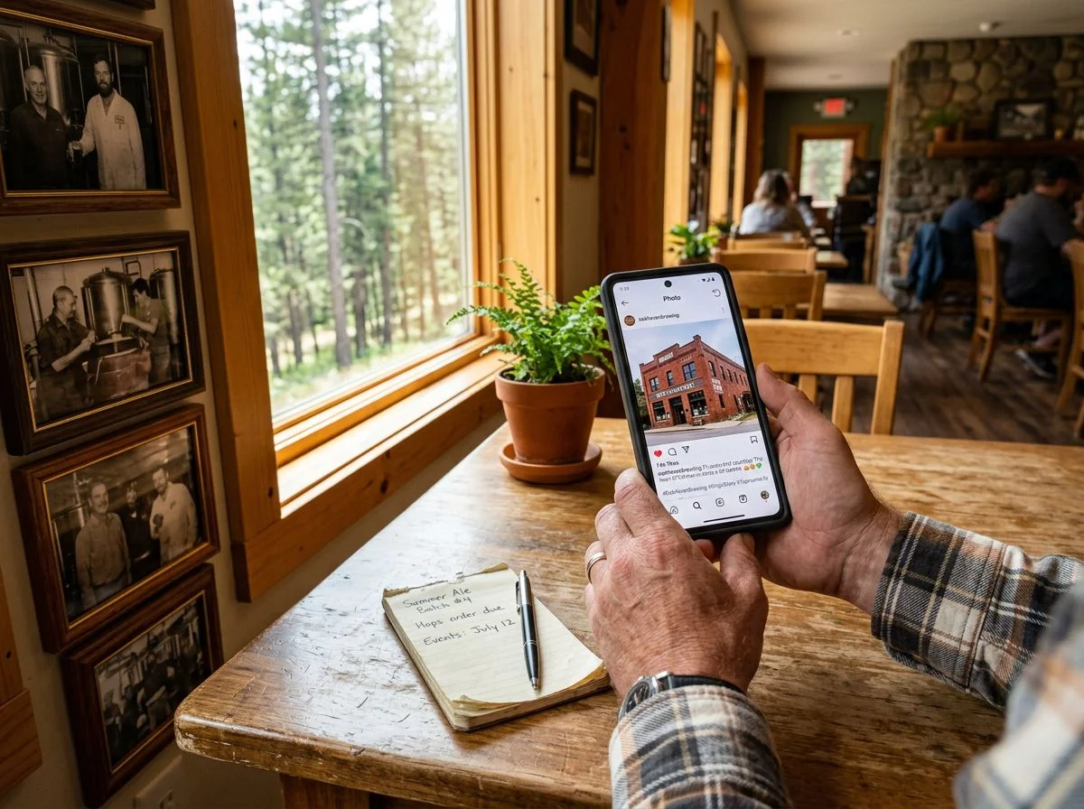 A brewery owner's hands holding a smartphone showing a social media post, with a notepad and pen on a wooden table.