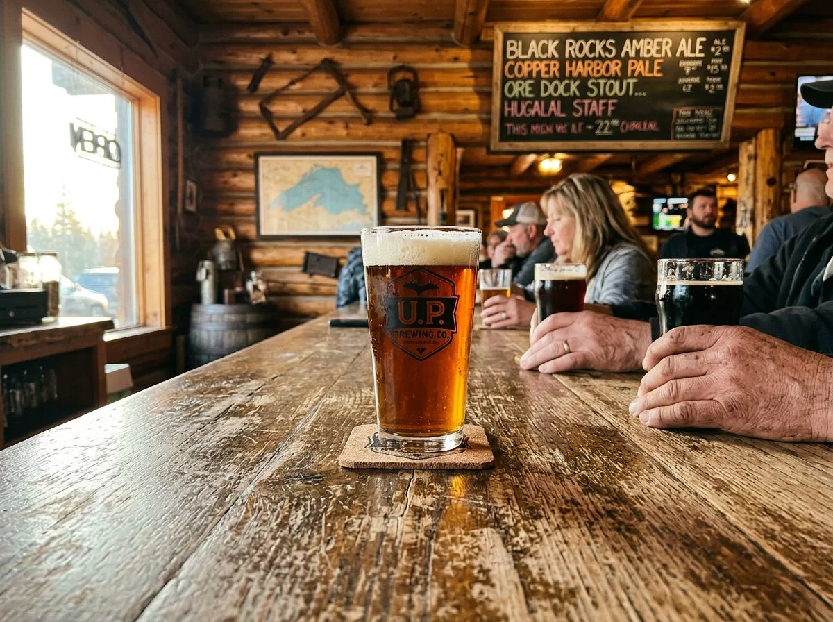 A pint of amber ale on a weathered wooden bar in a rustic U.P. brewery, with a chalkboard menu blurred behind.