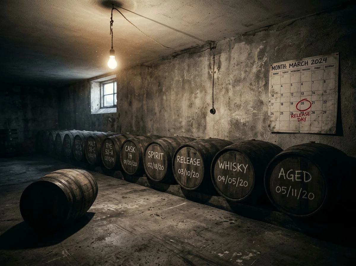 A row of barrels with chalk marks and a calendar with release day circled in red, one barrel tipped over