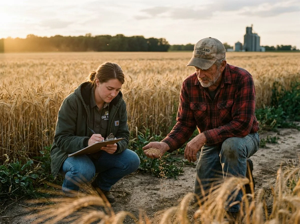 A farmer and a brewery worker kneel in a Wisconsin barley field at sunset, examining grain in the farmer's hand