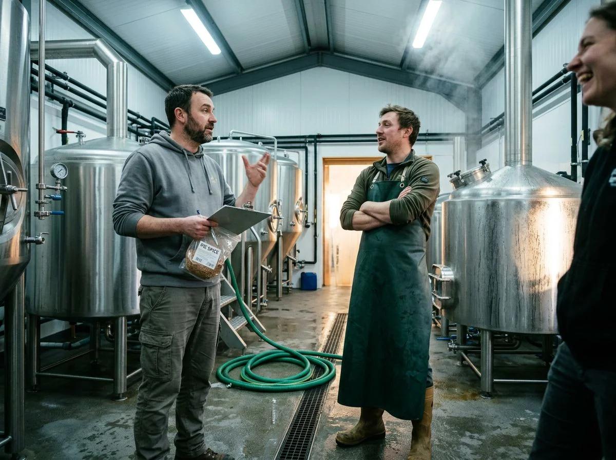 Two brewers gesturing at each other in a small brewhouse, one holding a bag of pie spice and a clipboard