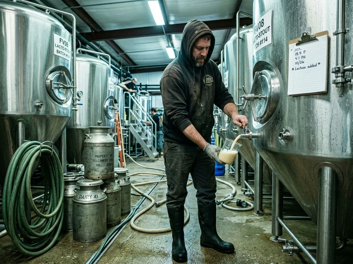 A brewmaster in rubber boots pours a light-colored beer from a tank valve into a glass beaker in a Wisconsin brewhouse