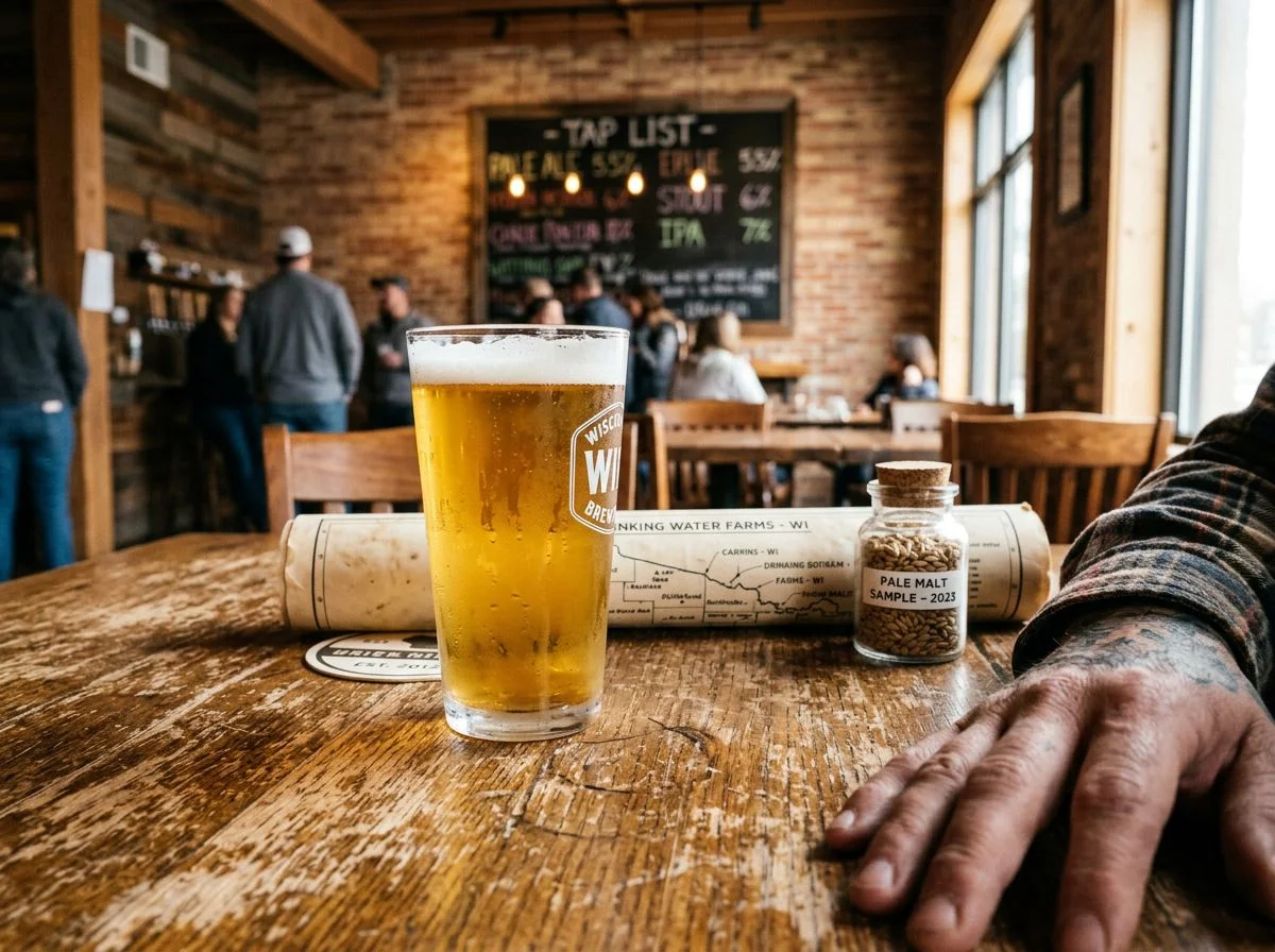 A condensation-covered pint of pale ale on a wooden taproom table with a grain sample jar and farm map behind it