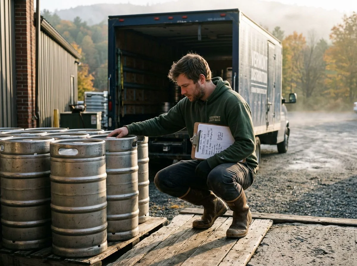 A brewer in a hoodie crouched beside stacked kegs on a misty loading dock with a box truck behind him.