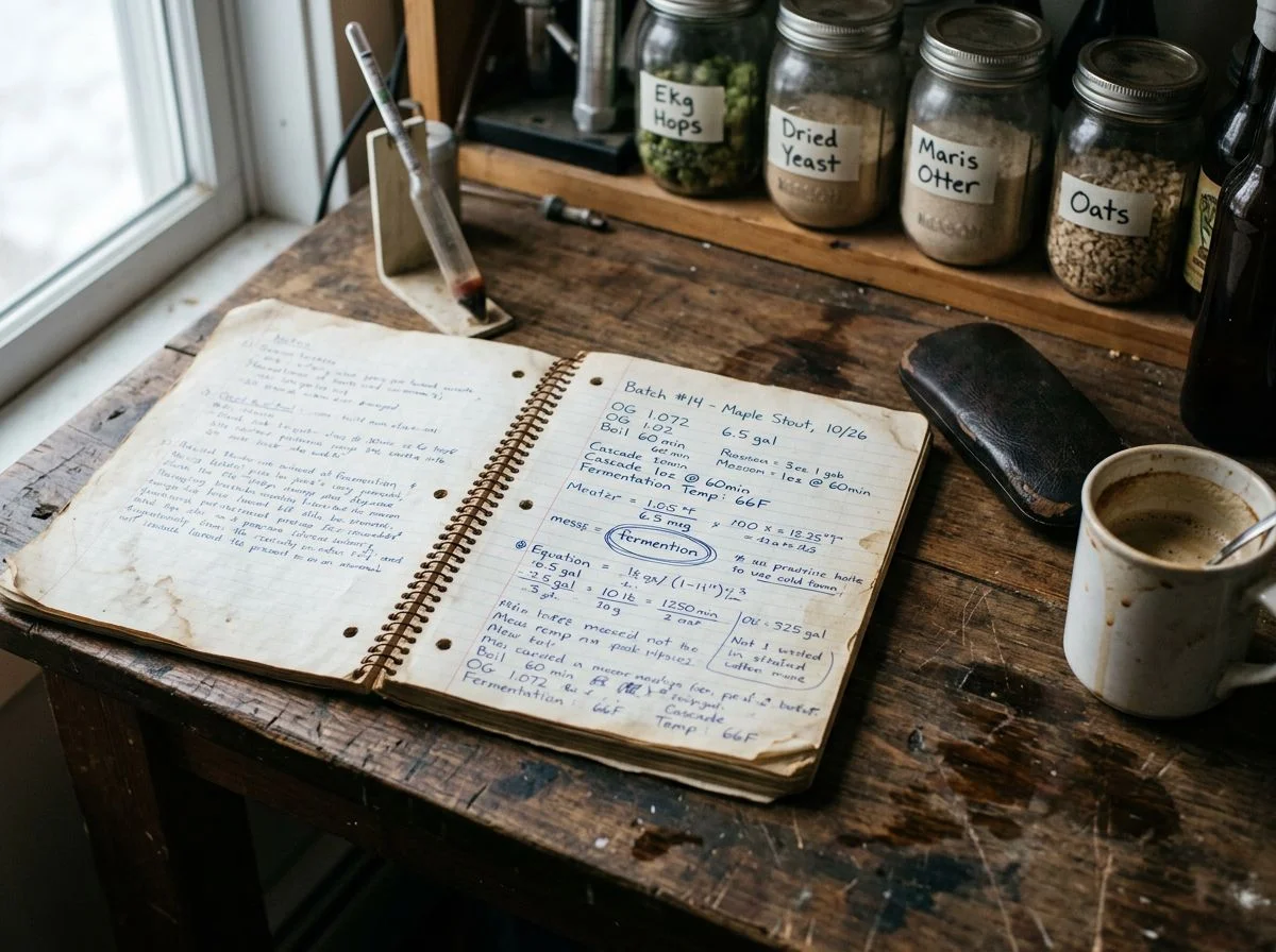 An open handwritten brewing notebook with a circled misspelling, reading glasses case, and coffee mug on a worn wooden desk in a small brewery office.