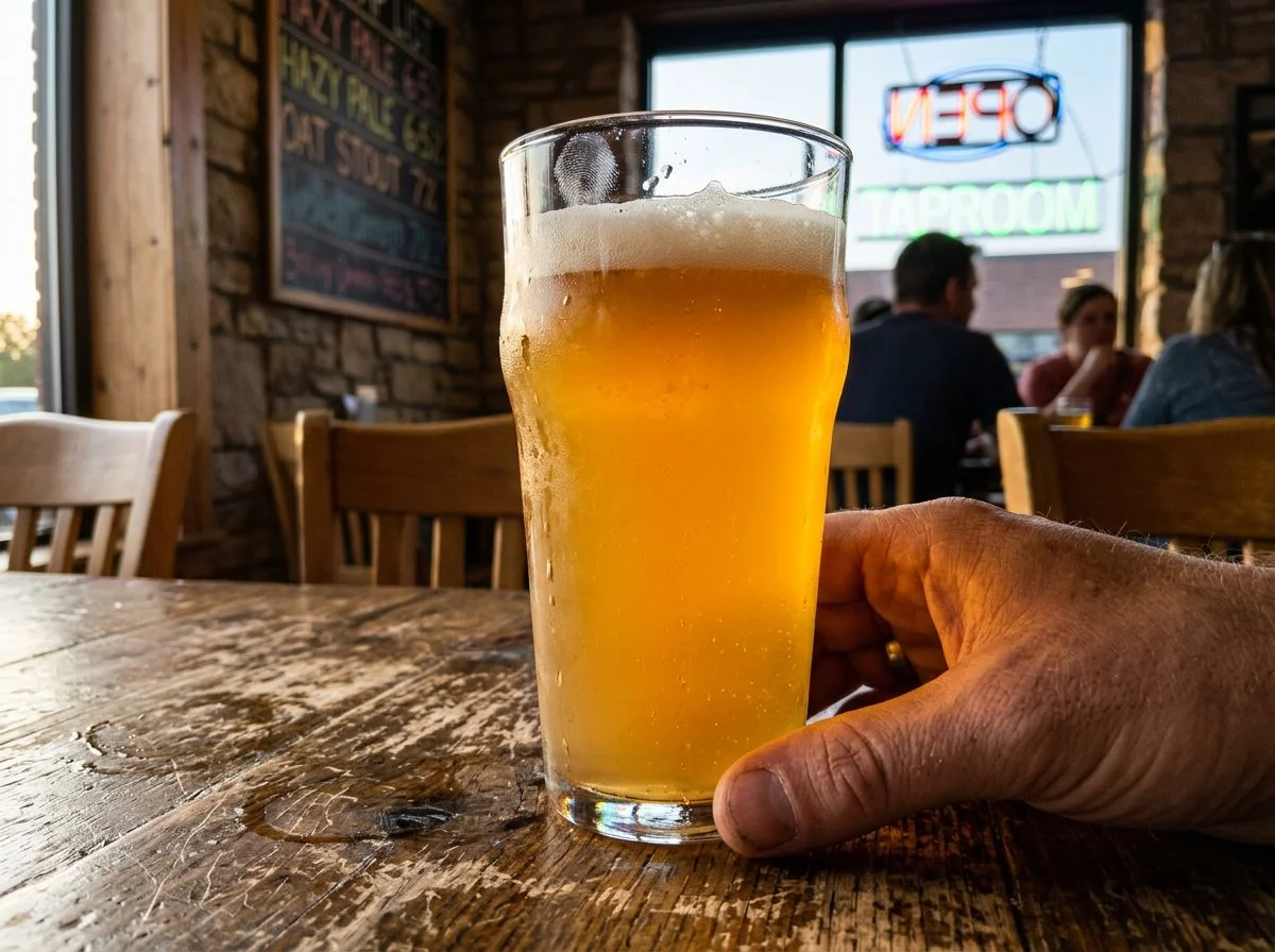 A hazy pale ale in a pint glass on a scarred taproom table, backlit by late afternoon window light