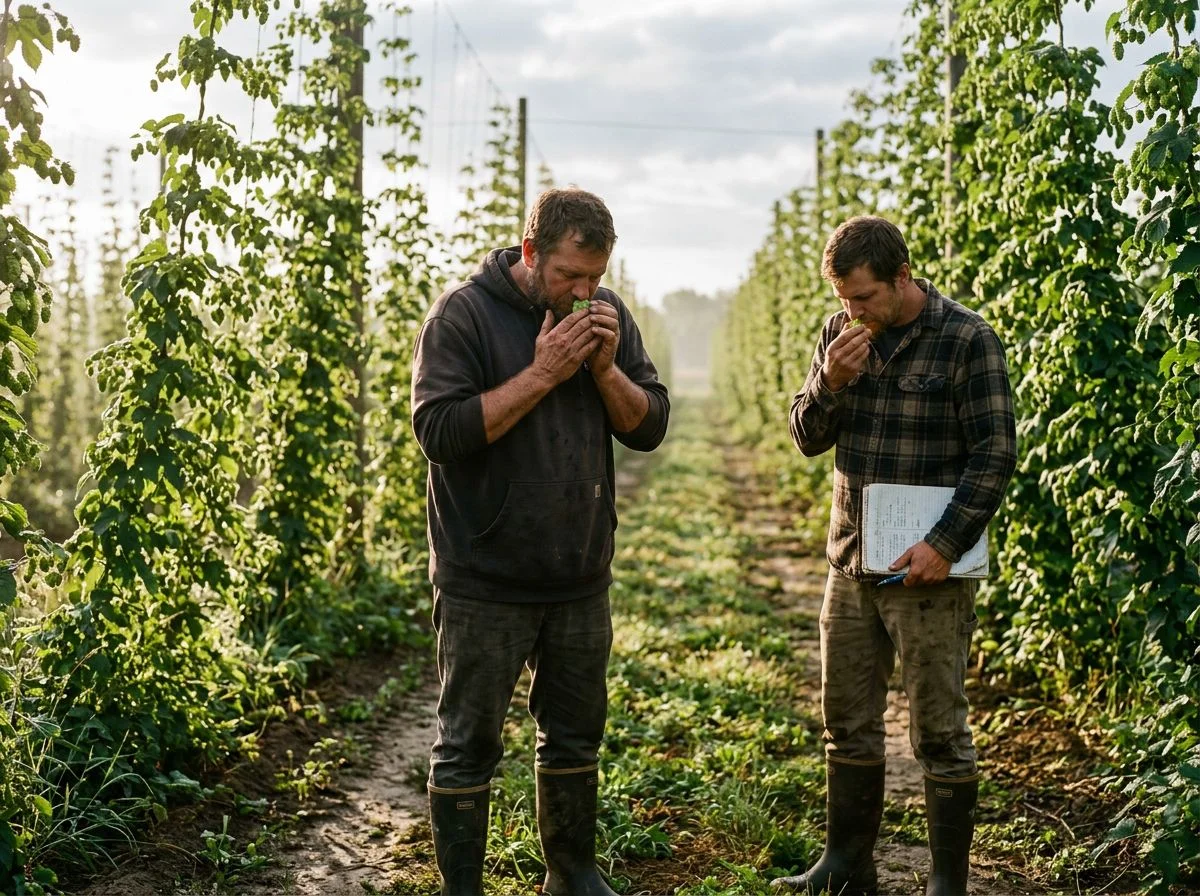 Two brewers standing in a hop yard at sunrise, rubbing fresh hop cones between their hands to judge aroma