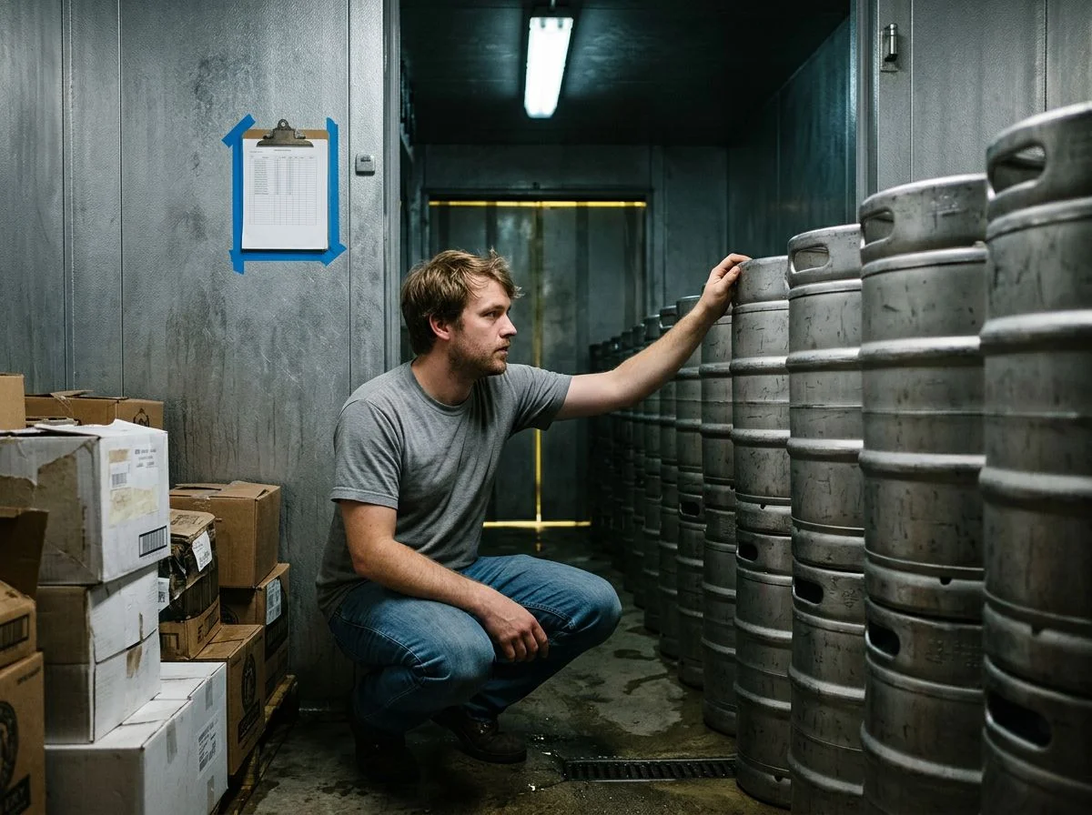 A brewery worker crouched beside stacked kegs inside a fogged stainless-steel walk-in cooler, counting inventory