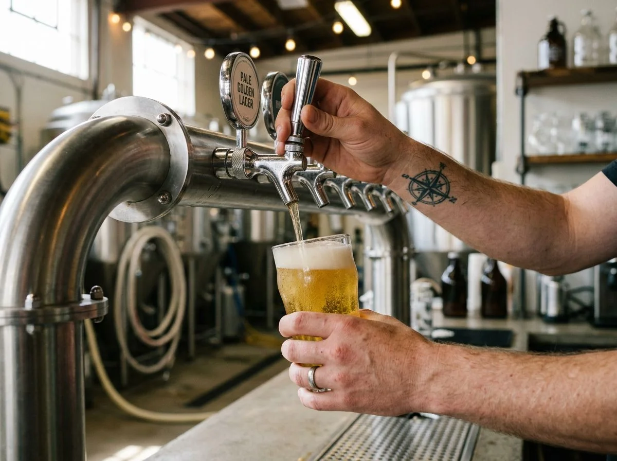 A brewery worker's hands pulling a pale golden lager from a stainless tap, condensation on the glass, fermenters blurred behind