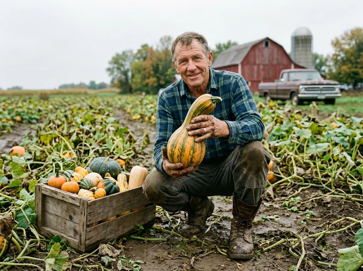 A farmer kneeling in a pumpkin field holding a large green-striped squash with a crate of squash beside him