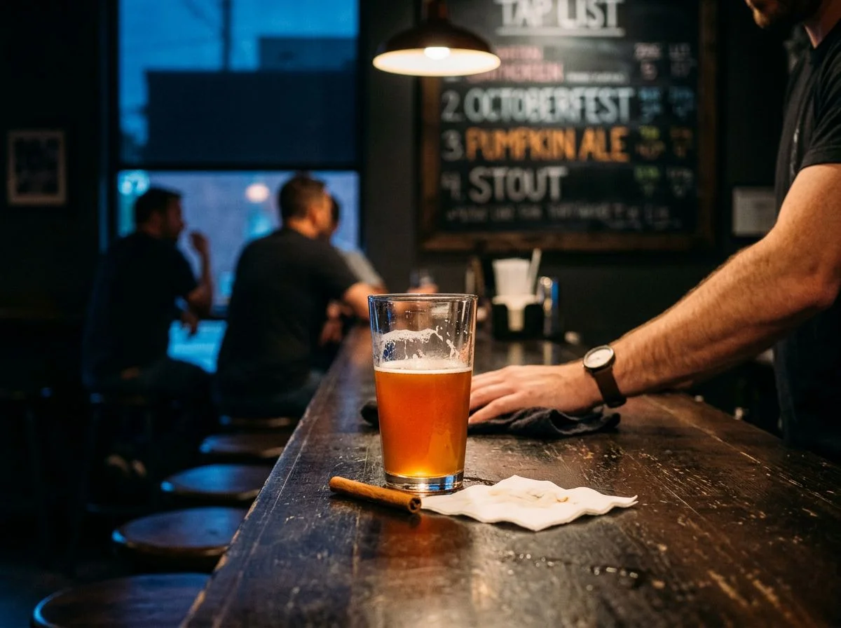A half-full pumpkin beer under a pendant lamp on a dark bar with a bartender's arm wiping the counter