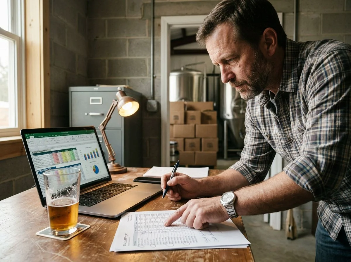 A brewery owner at a cluttered desk pointing at a printed sales report beside a laptop and a pint of beer
