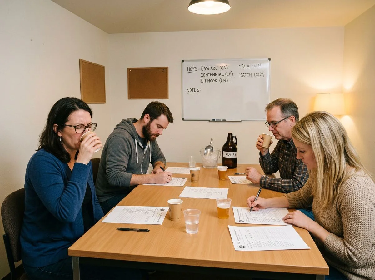 Four sensory panelists sipping pale beer from paper cups and filling out scoresheets around a plain table