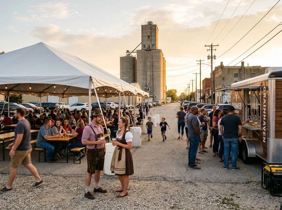 A small-town brewery parking lot filled with people at folding tables under a tent during an Oktoberfest celebration