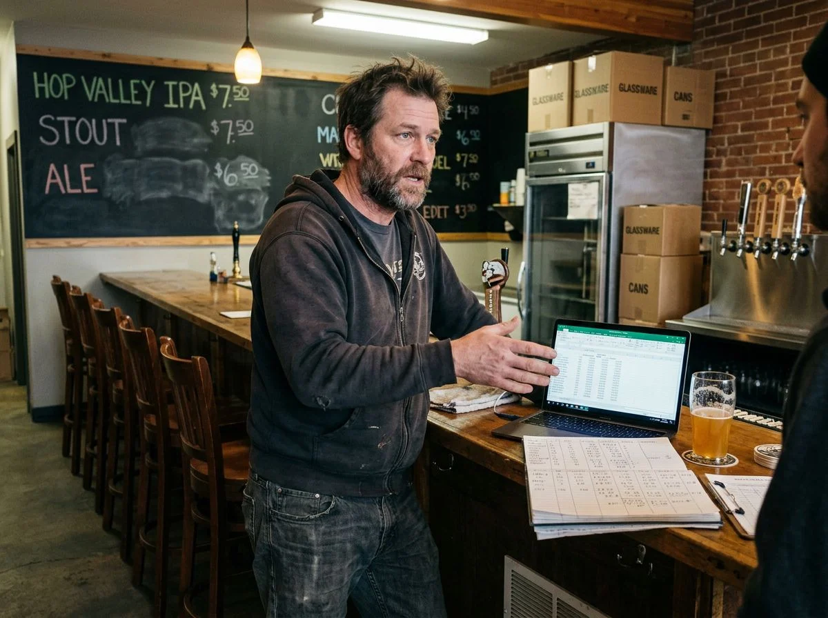A brewery owner in a hoodie talking over a laptop and handwritten spreadsheet at an empty mid-afternoon taproom bar