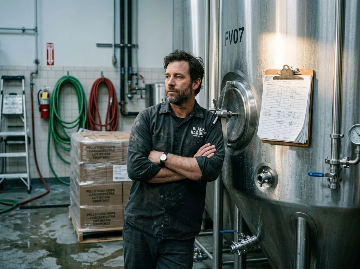 A brewery owner leaning against a fermenter with a pallet of unopened hop boxes behind him