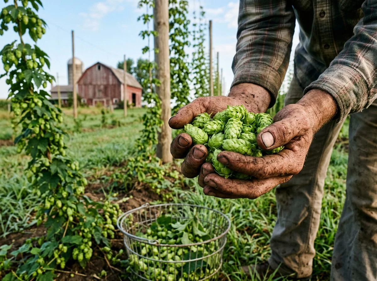 A farmer's soil-stained hands holding fresh green hop cones on a Wisconsin hop farm, bines and a red barn behind